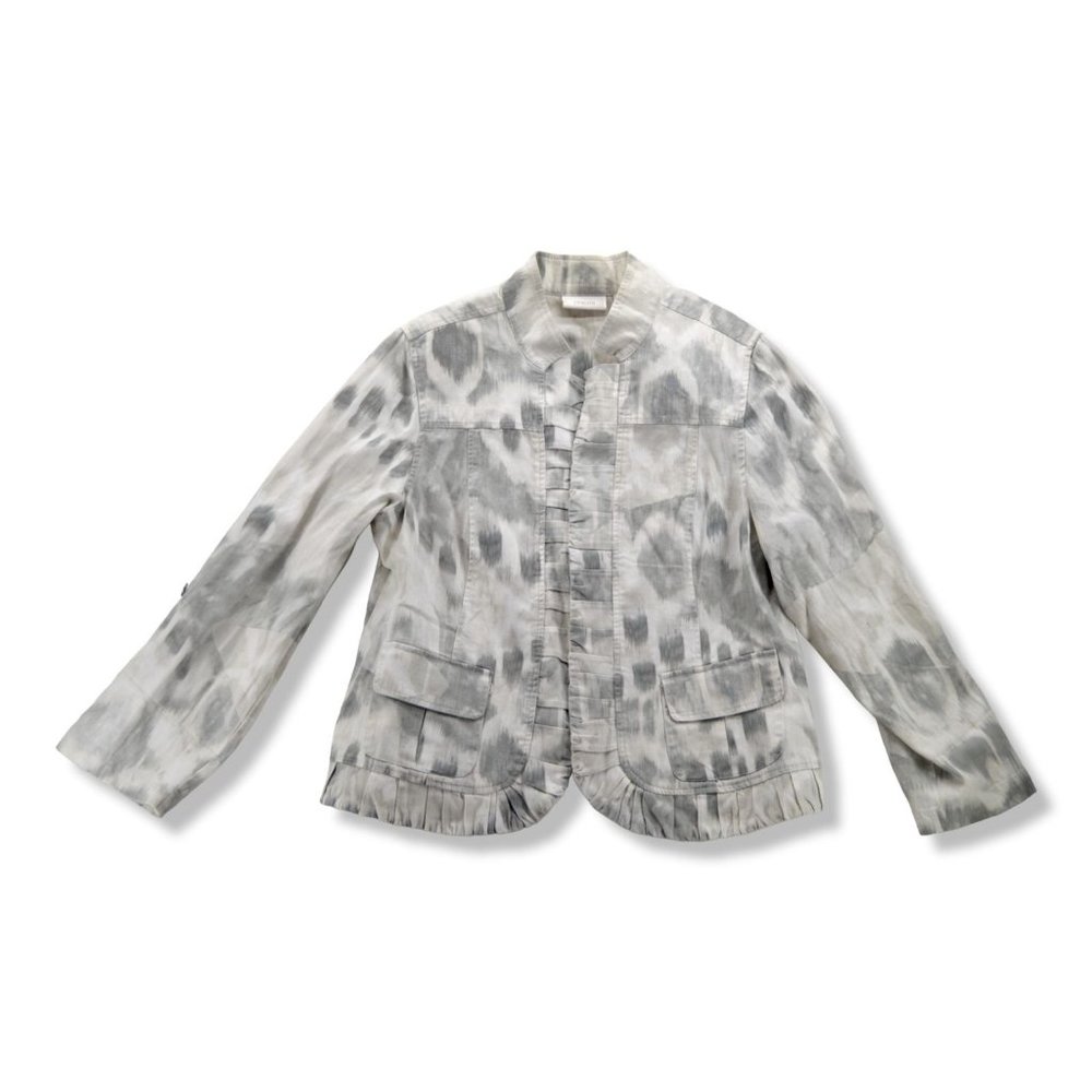 Chicos Linen Grey Tie Dye Summer Jacket Roll Tab Sleeves Open Front Size‎ 2